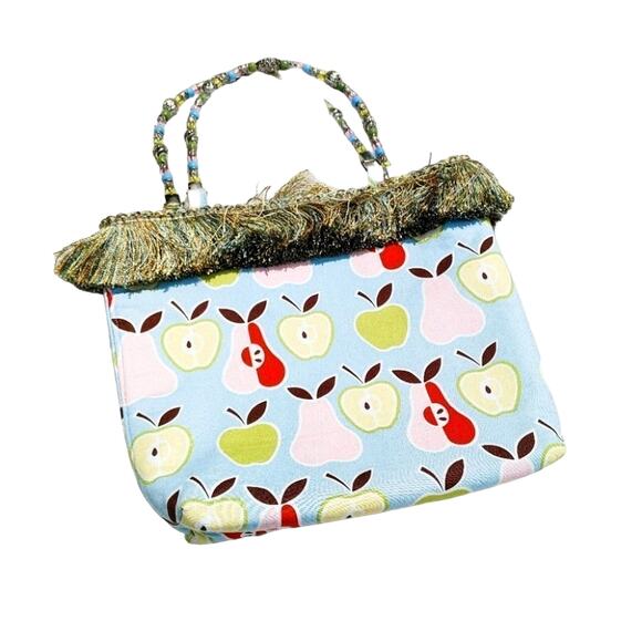 Beaded Pear Apple Blue Fringe  Purse y2k Unique Chic Hand purse Closure Fruit - Picture 1 of 12